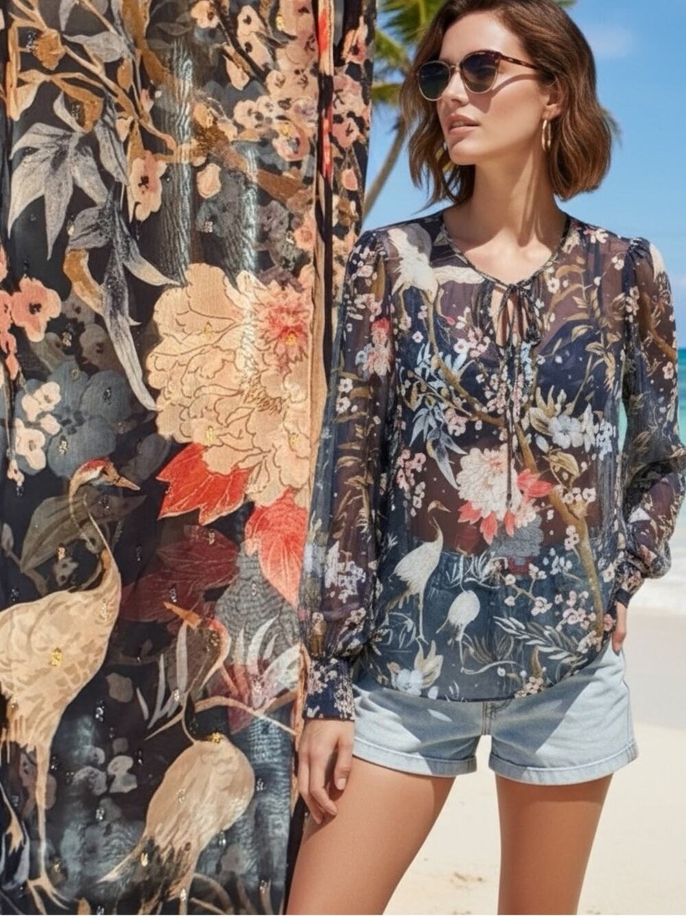 White House Black Market Cranes Floral metallic Sheer Blouse Size Small
